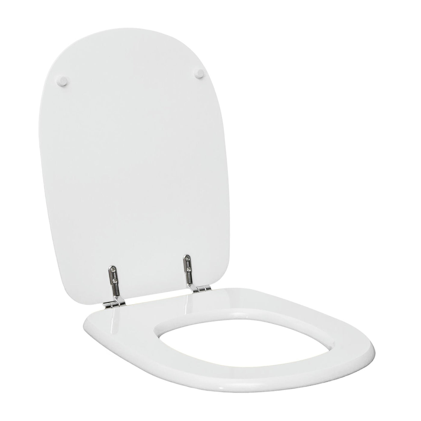 Rectangular white MDF toilet seat cover, specifically designed for this model, with metal under-mount fixing and antibacterial finish