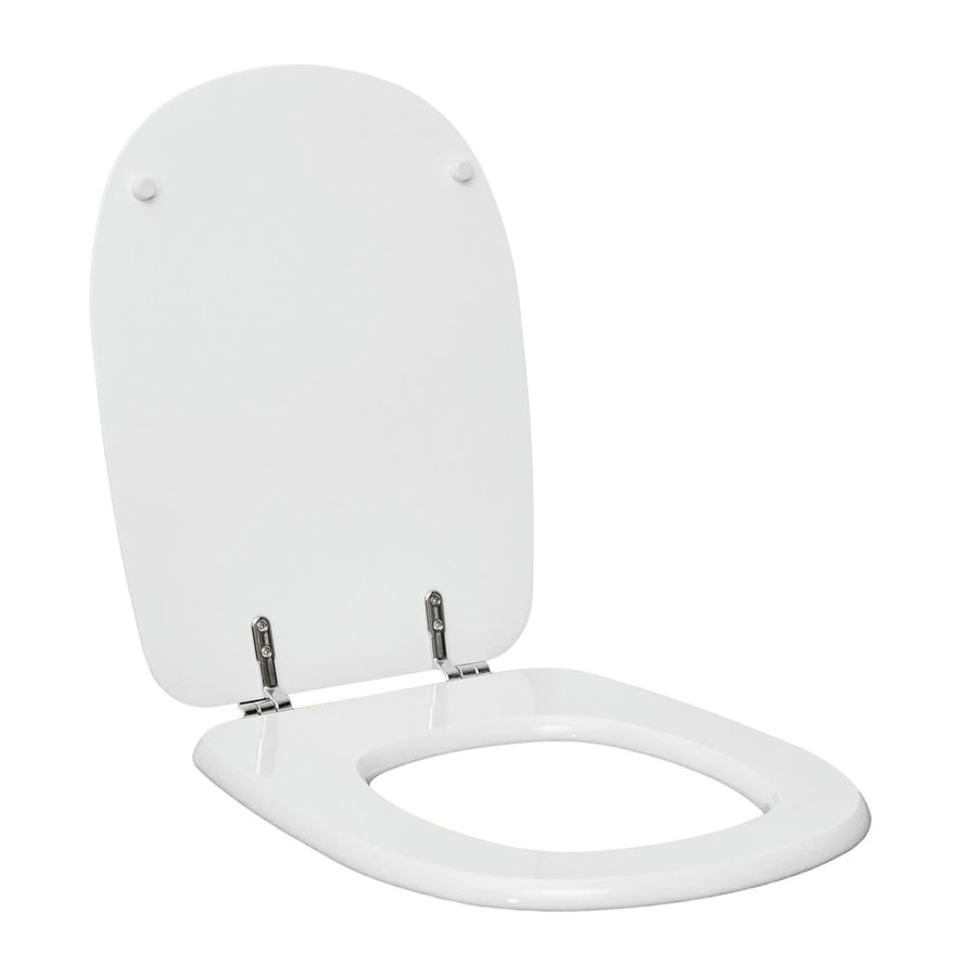 Rectangular white MDF toilet seat cover, specifically designed for this model, with metal under-mount fixing and antibacterial finish