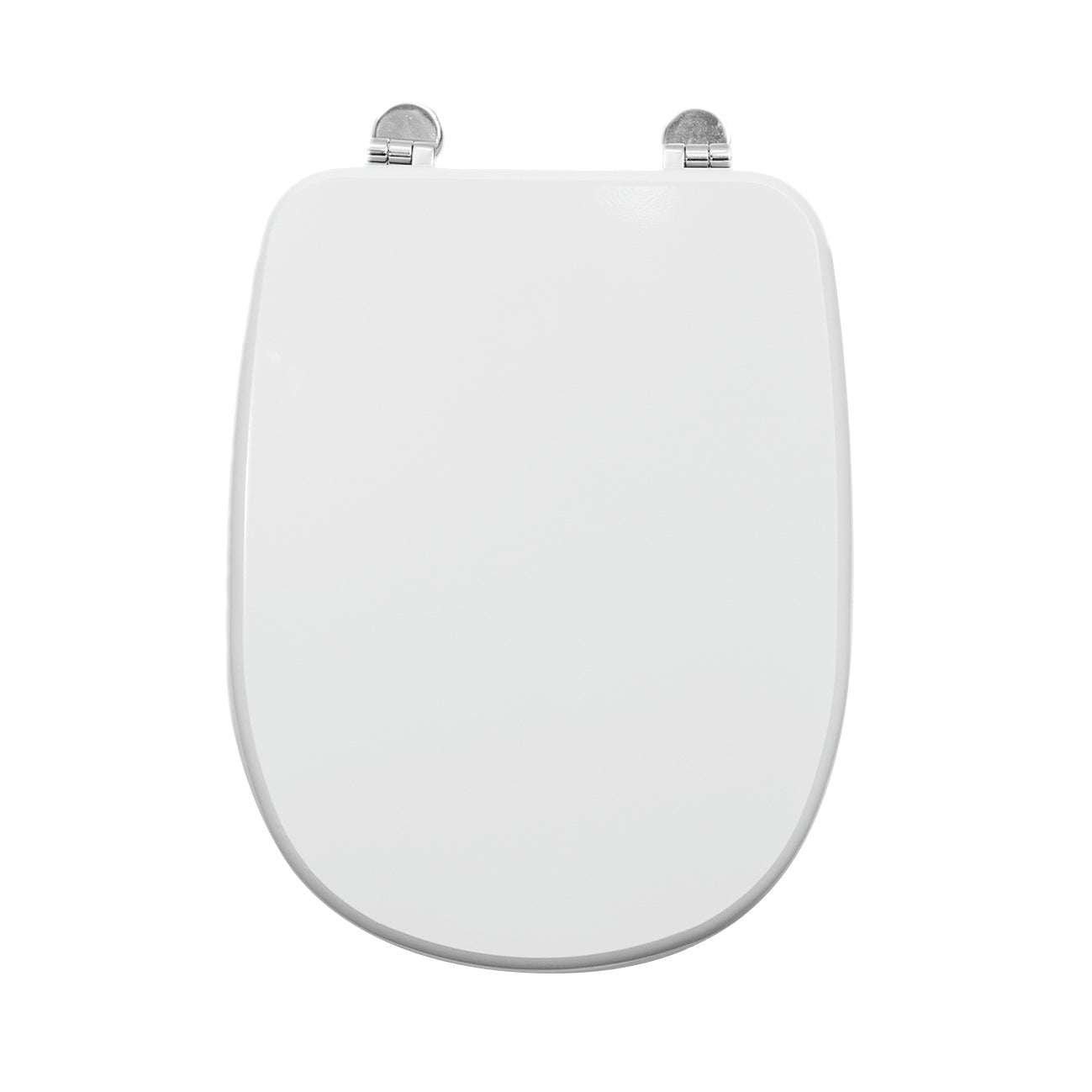 Rectangular white MDF toilet seat cover, specifically designed for this model, with metal under-mount fixing and antibacterial finish