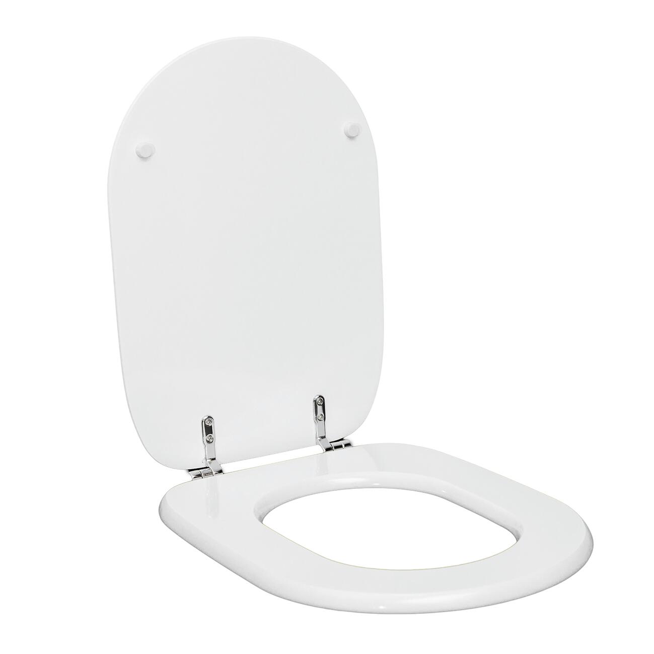 Rectangular white MDF toilet seat cover, specifically designed for under-mount installation, with antibacterial metal fittings