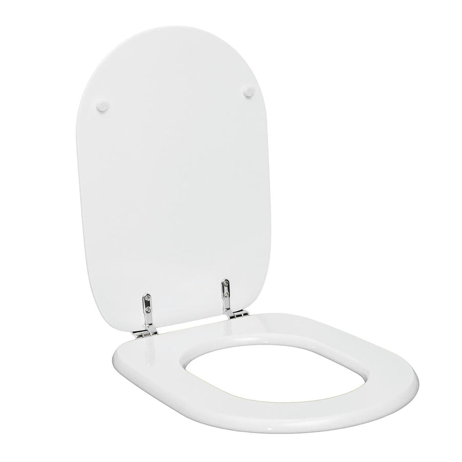 Rectangular white MDF toilet seat cover, specifically designed for under-mount installation, with antibacterial metal fittings