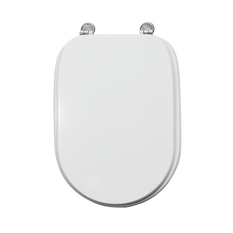 Rectangular white MDF toilet seat cover, specifically designed for under-mount installation, with antibacterial metal fittings