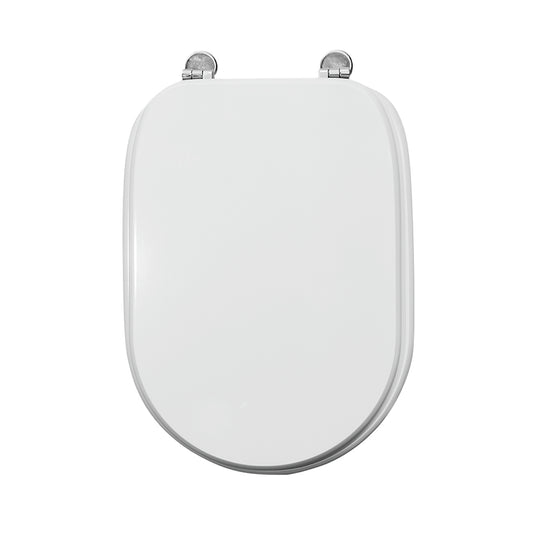 Rectangular white MDF toilet seat cover, specifically designed for under-mount installation, with antibacterial metal fittings
