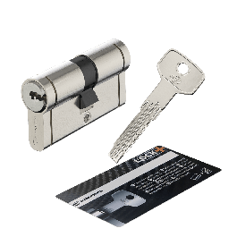 30+30 MM STANDERS BRASS CYLINDER, SATIN NICKEL FINISH, 5 LONG STEEL KEYS