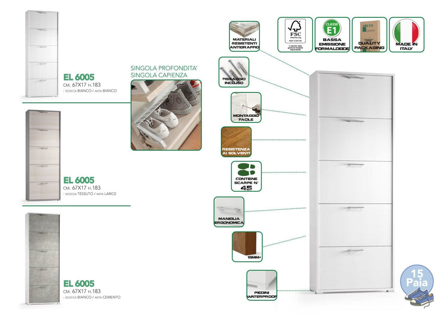 Bricocenter 5 SLIM SLIM SHOEWER 5 DOORS WHITE CEMENT DOOR 65x18x184H 15 PAIRS