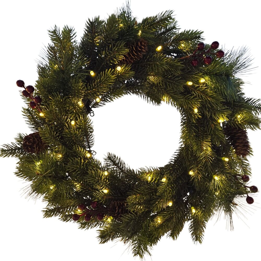Corona luminosa con 120 rami, decori pigne e ribes, 4 dischi porta candela, 50 led luce bi