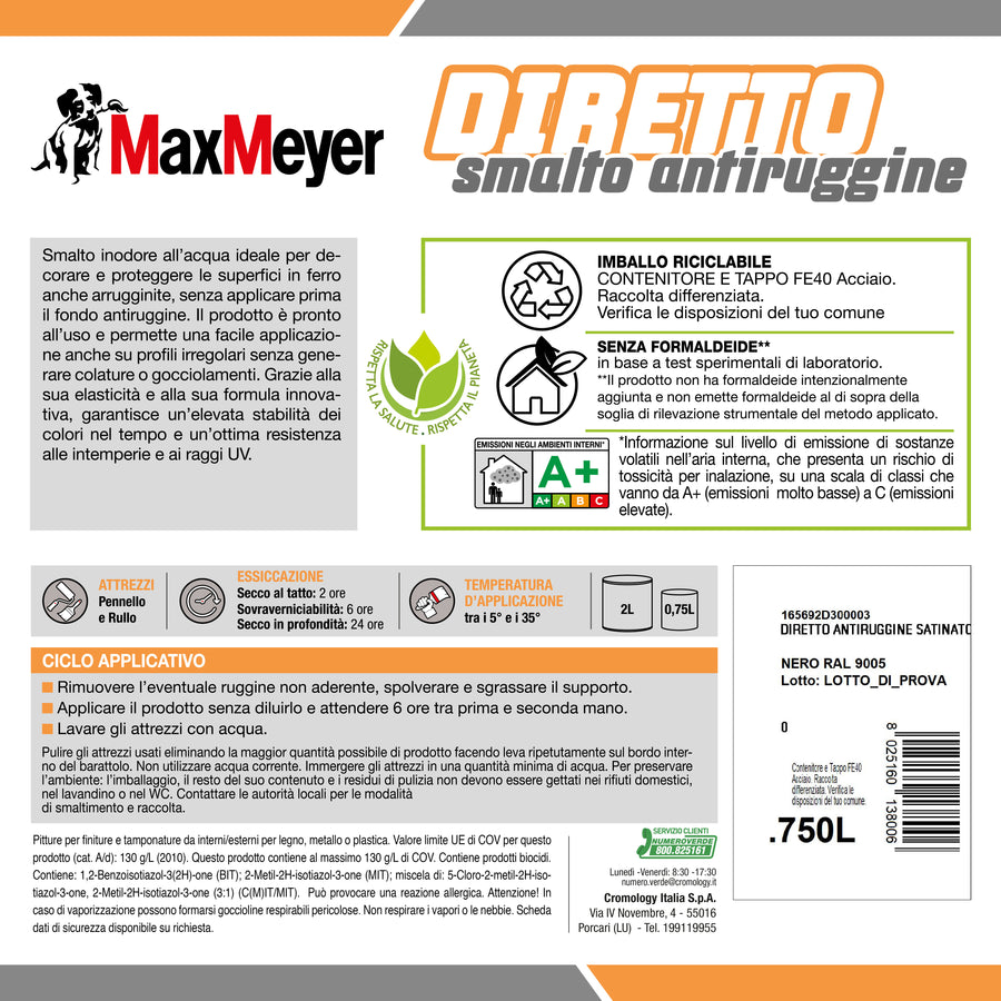 Smalto acqua antiruggine nero satinato r9005 mm 750ml