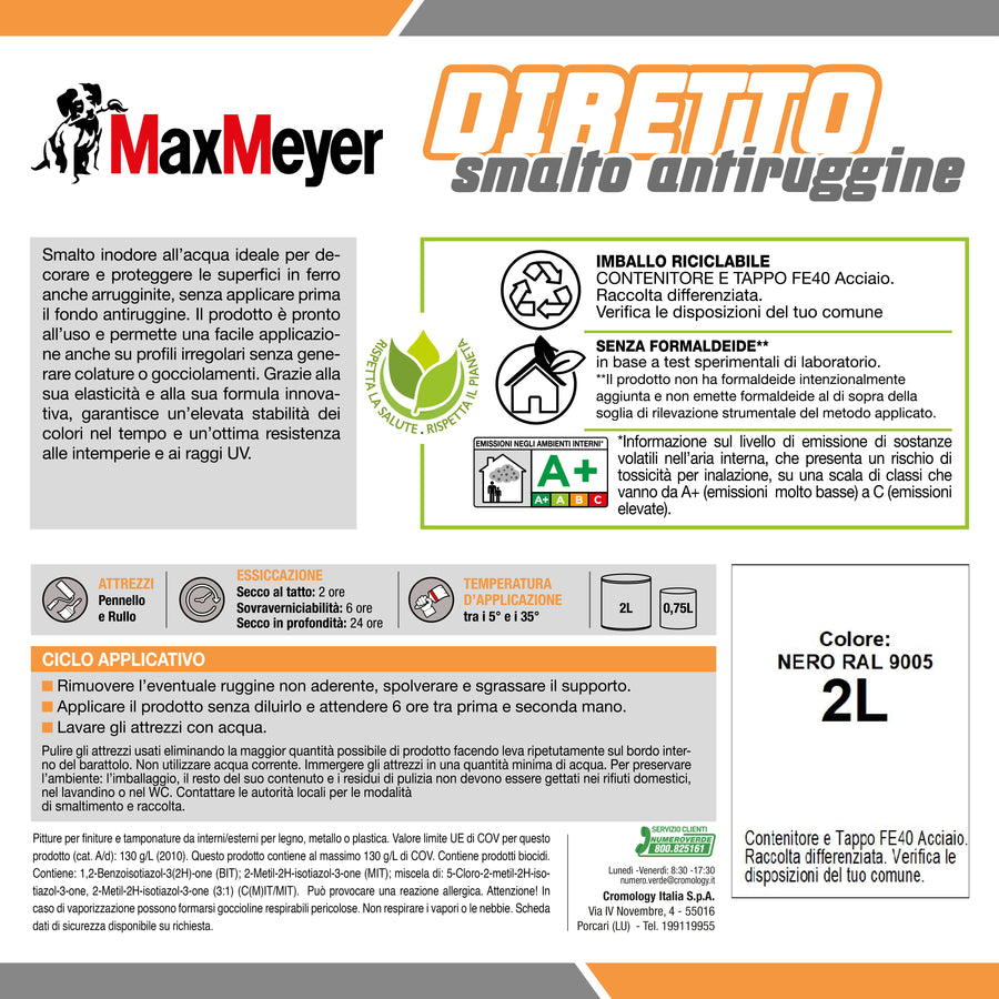 Smalto acqua antiruggine nero satinato r9005 mm 2lt