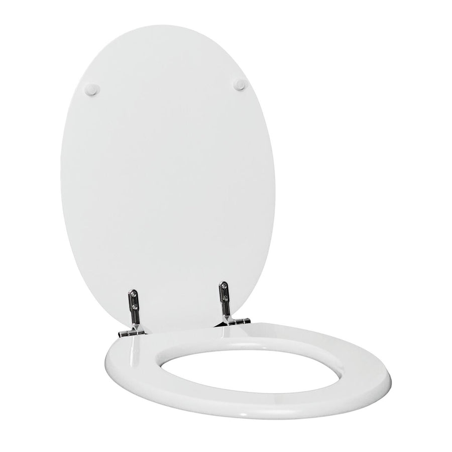 White oval MDF toilet seat cover, fixed from below with antibacterial metal fittings