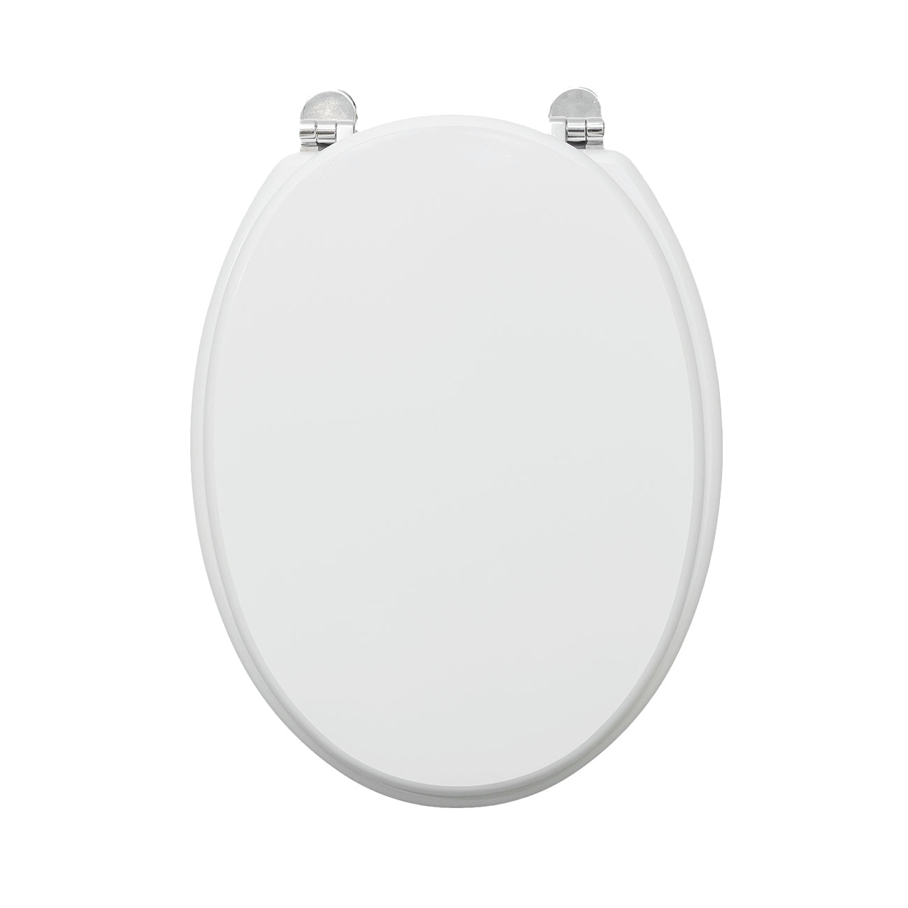 White oval MDF toilet seat cover, fixed from below with antibacterial metal fittings