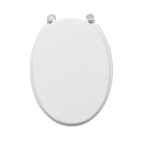 White oval MDF toilet seat cover, fixed from below with antibacterial metal fittings