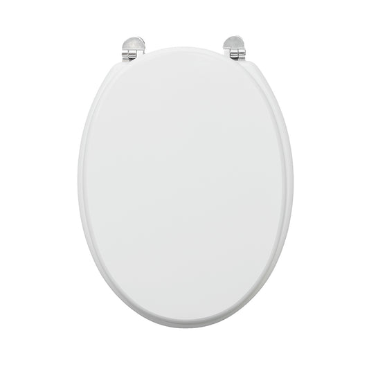 White oval MDF toilet seat cover, fixed from below with antibacterial metal fittings