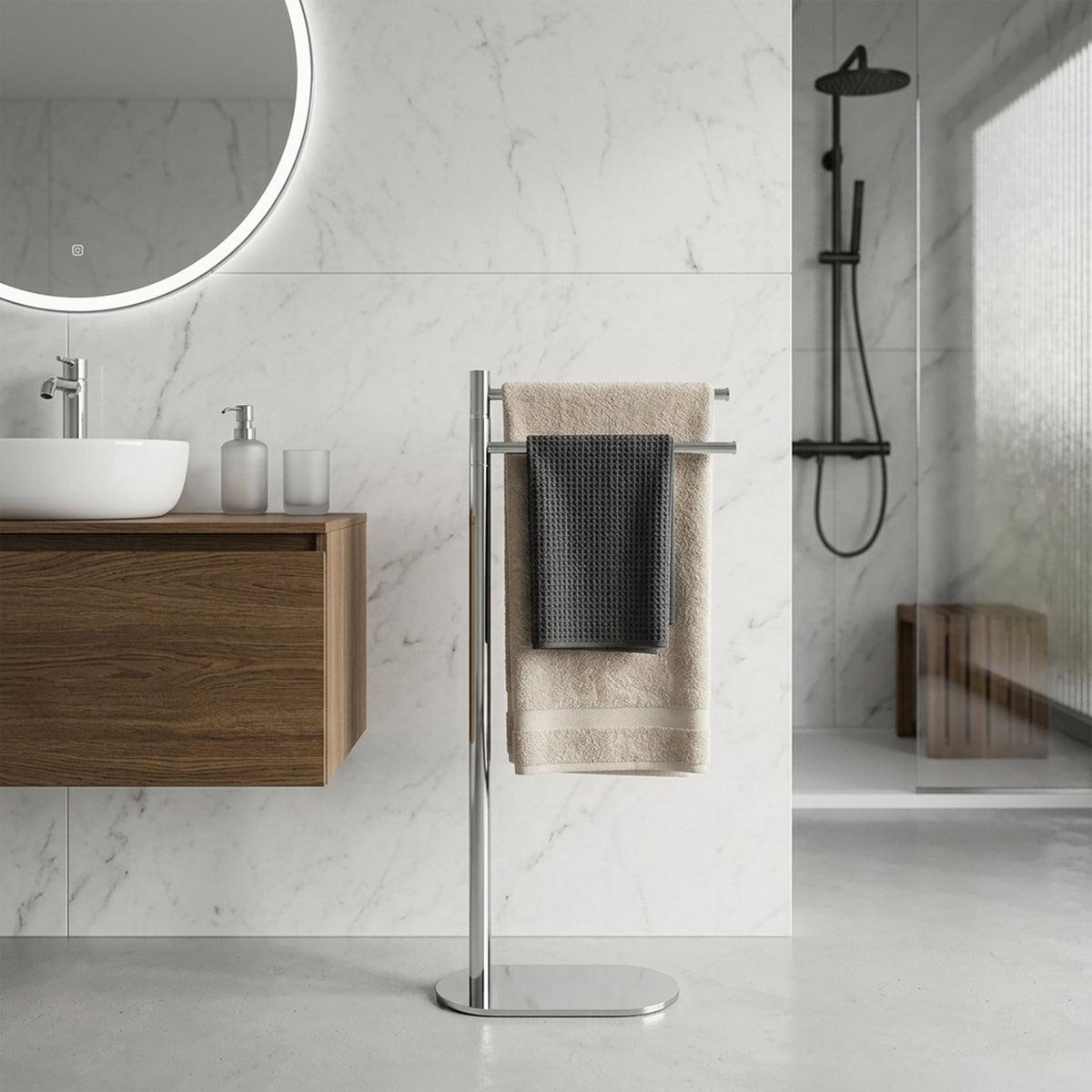 Smart bathroom floor-standing towel rail, chrome, 2 arms