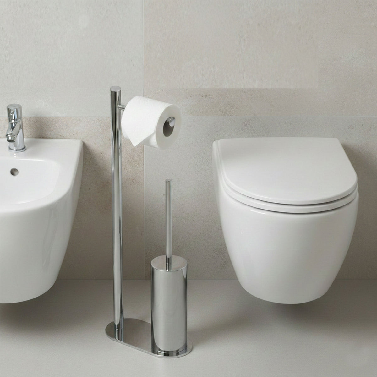 Smart bathroom floor lamp with toilet roll holder and toilet brush – chrome
