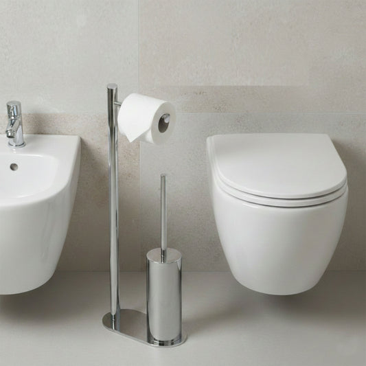 Smart bathroom floor lamp with toilet roll holder and toilet brush – chrome
