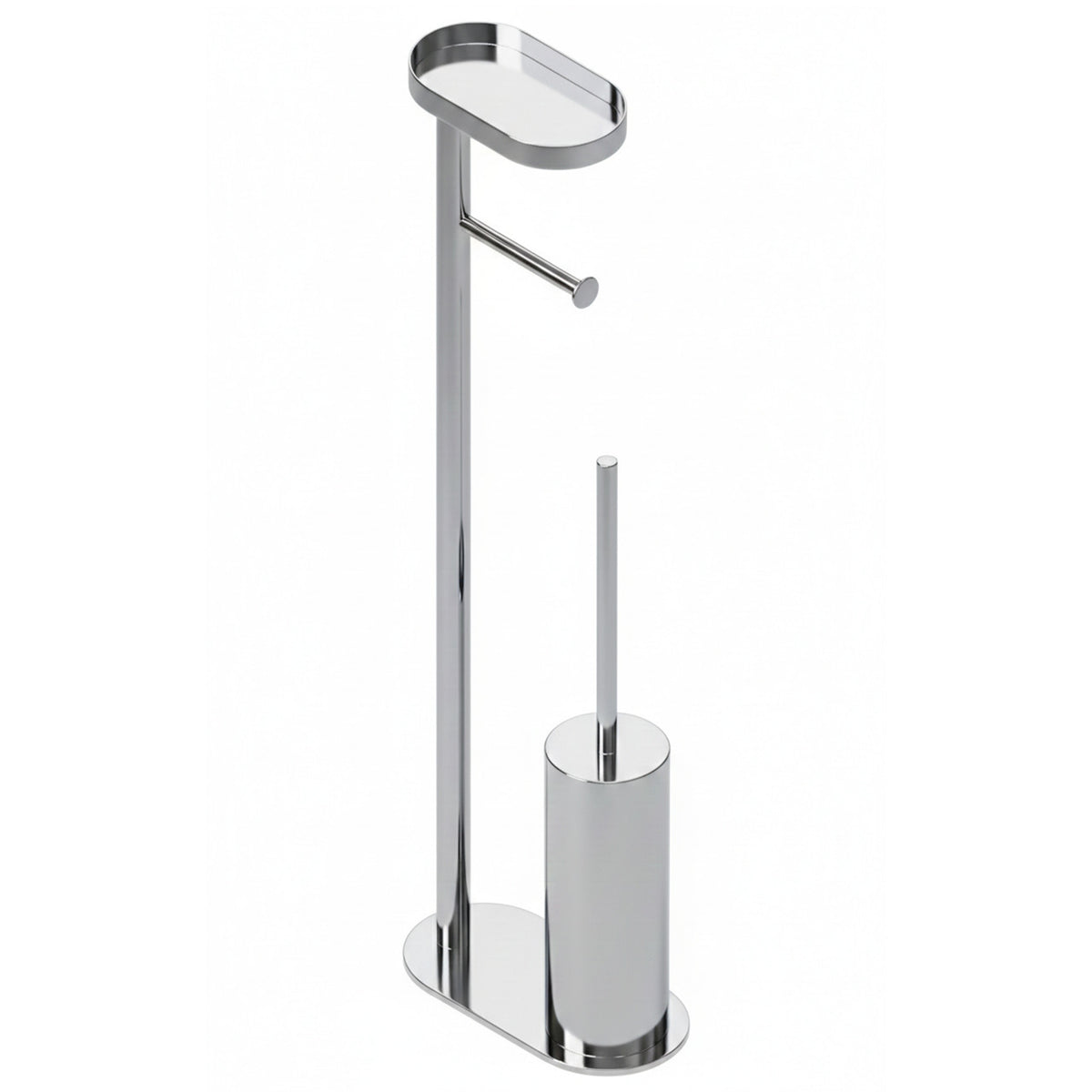 Smart bathroom floor lamp with toilet roll holder, toilet brush holder and smartphone stand – chrome