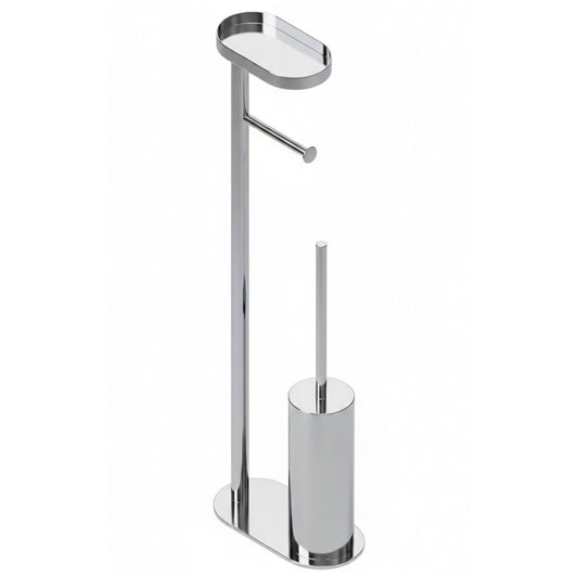 Smart bathroom floor lamp with toilet roll holder, toilet brush holder and smartphone stand – chrome