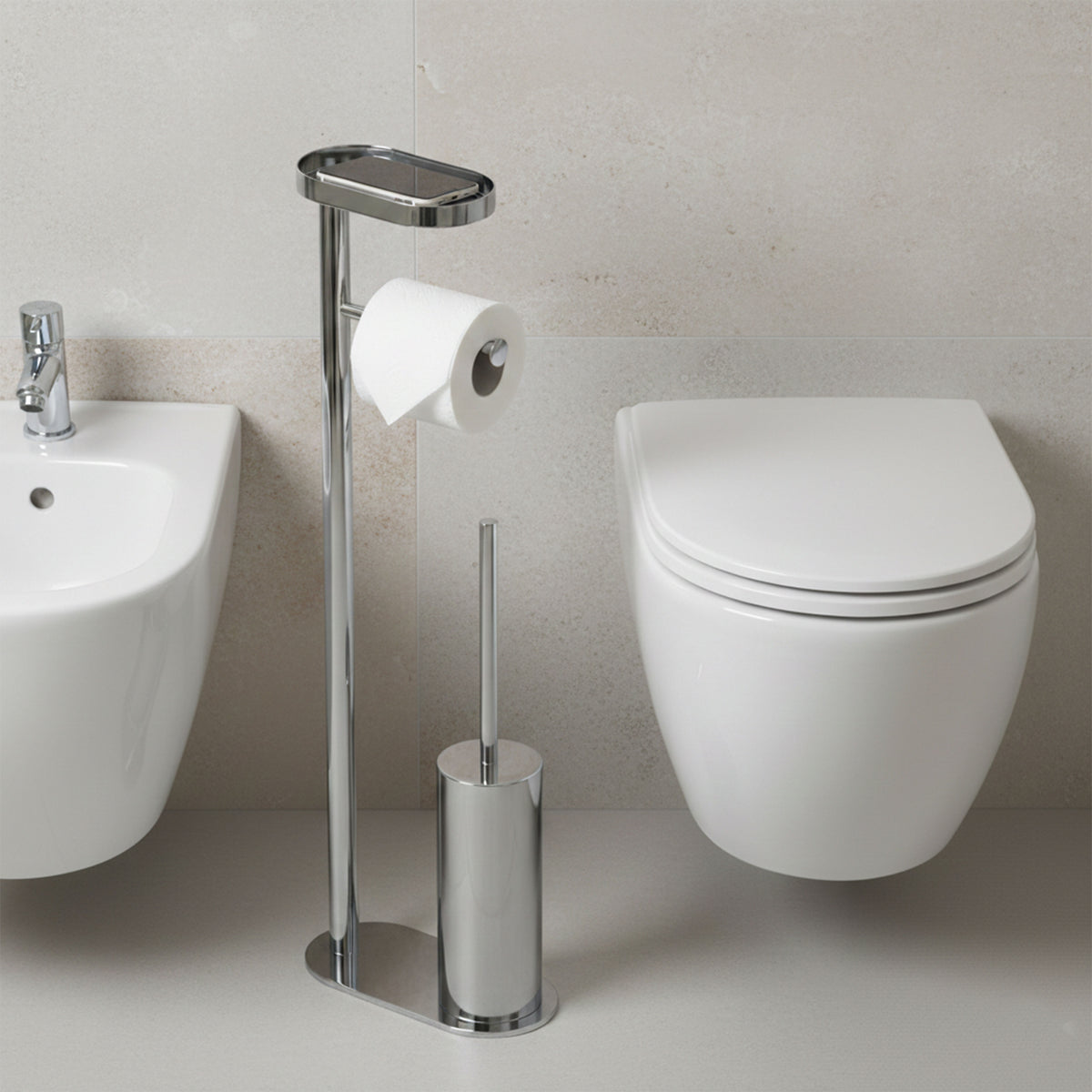 Smart bathroom floor lamp with toilet roll holder, toilet brush holder and smartphone stand – chrome