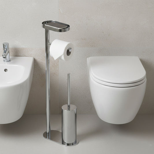 Smart bathroom floor lamp with toilet roll holder, toilet brush holder and smartphone stand – chrome