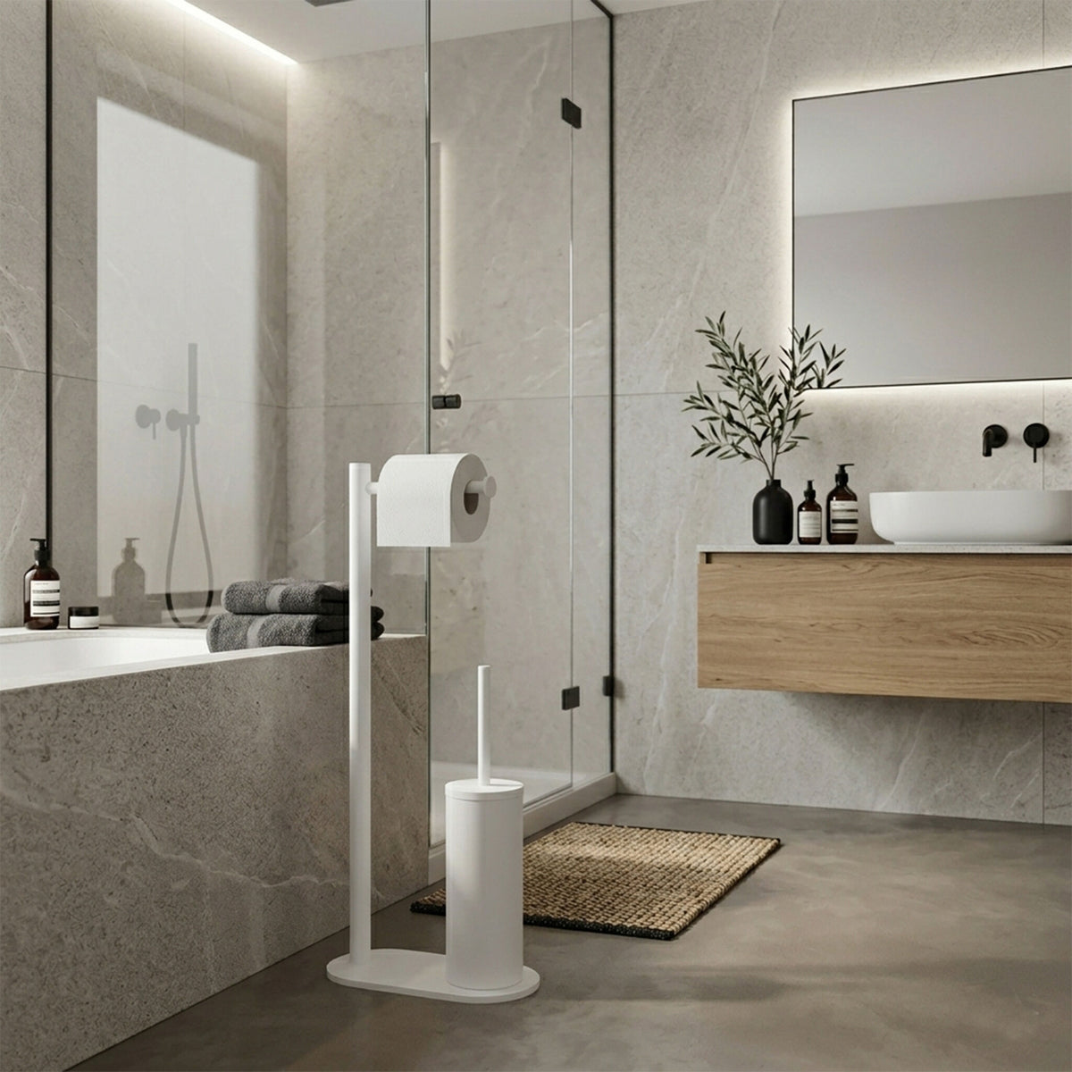 Piantana smart porta rotolo e scopino bianco