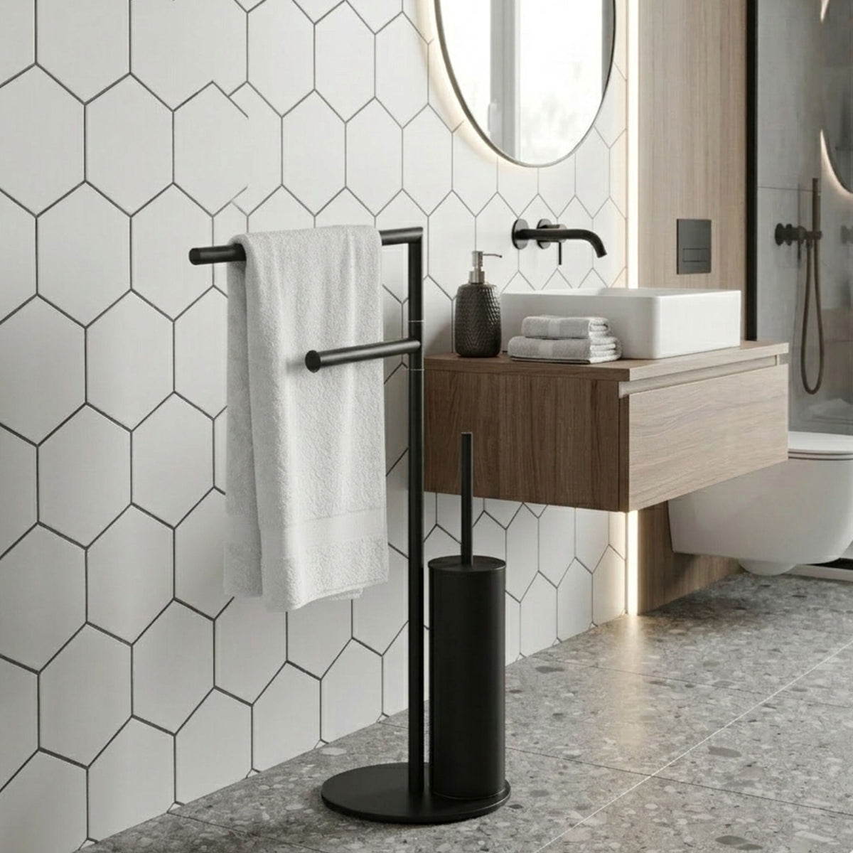 Piantana bagno line porta rotolo scopino, savietta bidet nero
