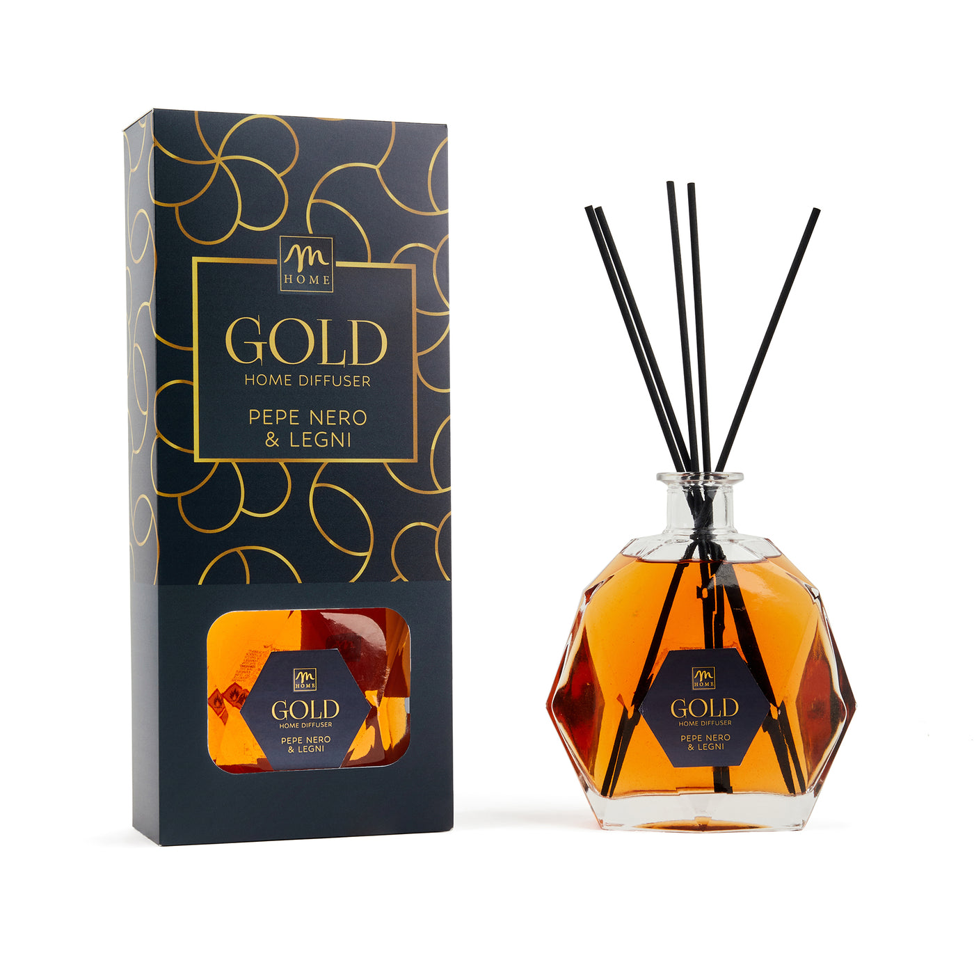 Black pepper and wood fragrance diffuser, 700ml, in a hexagonal bottle