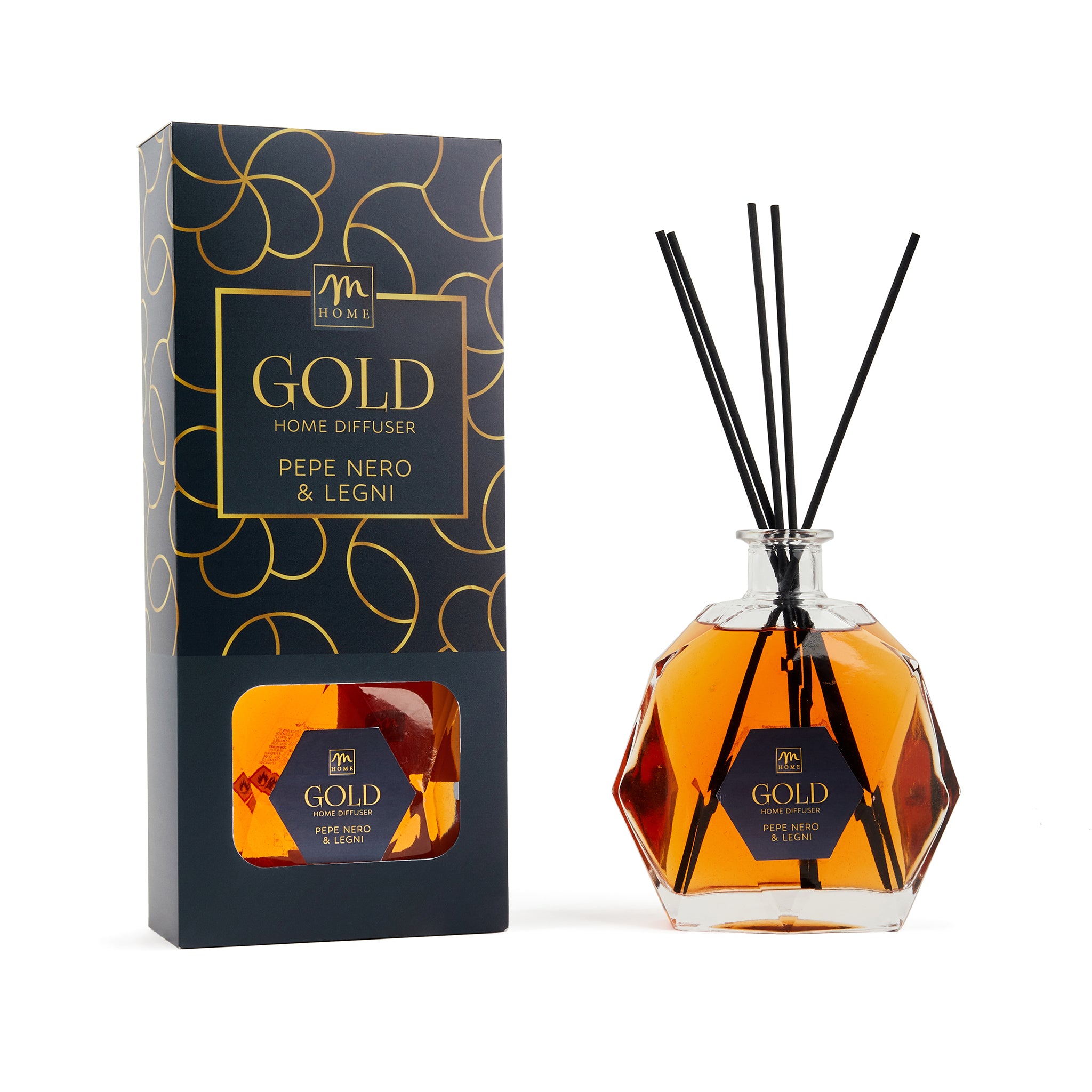 Black pepper and wood fragrance diffuser, 700ml, in a hexagonal bottle
