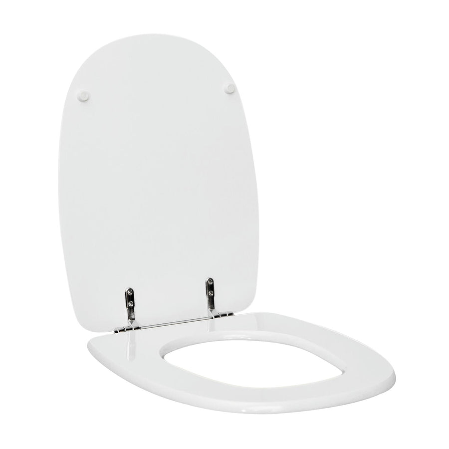 Square-shaped toilet seat cover, rectangular, white MDF, with metal under-mount fixing, antibacterial