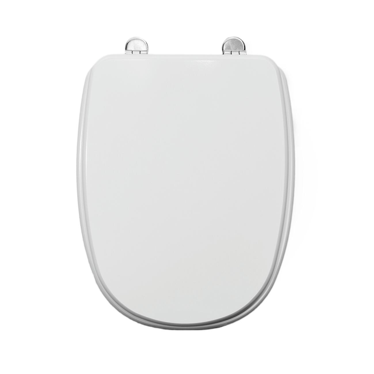 Square-shaped toilet seat cover, rectangular, white MDF, with metal under-mount fixing, antibacterial