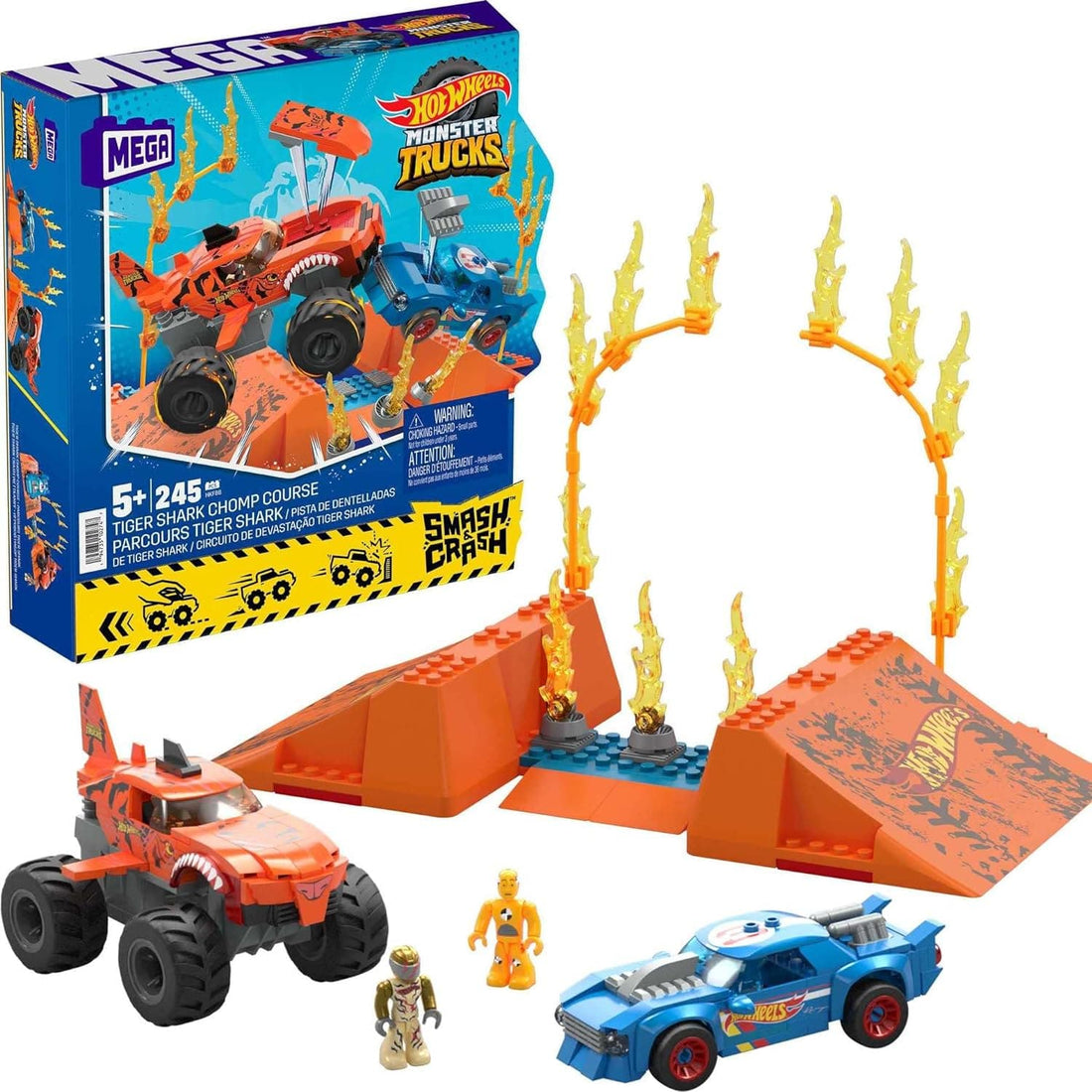 MEGA Hot Wheels Monster Trucks Building Toy Car, Smash & Crash Tiger Shark Chomp Course - best price from Maltashopper.com HKF88