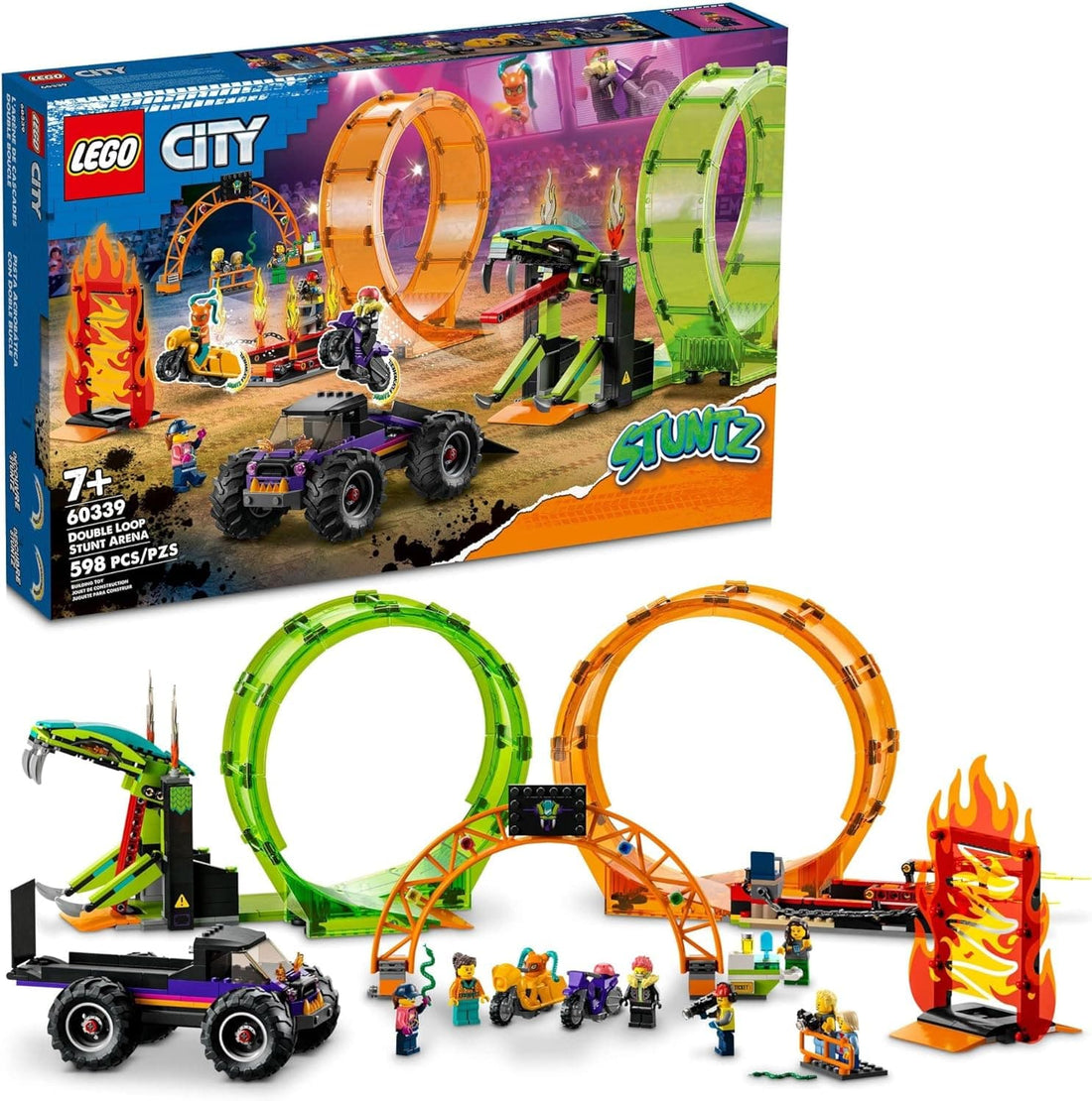 LEGO City Stuntz Double Loop Stunt Arena Monster Truck Playset with 2 Toy Motorcycles, Ramp, Wall of Flames, Ring of Fire, Snapping Snake Loop and 7 Minifigures - best price from Maltashopper.com 60339