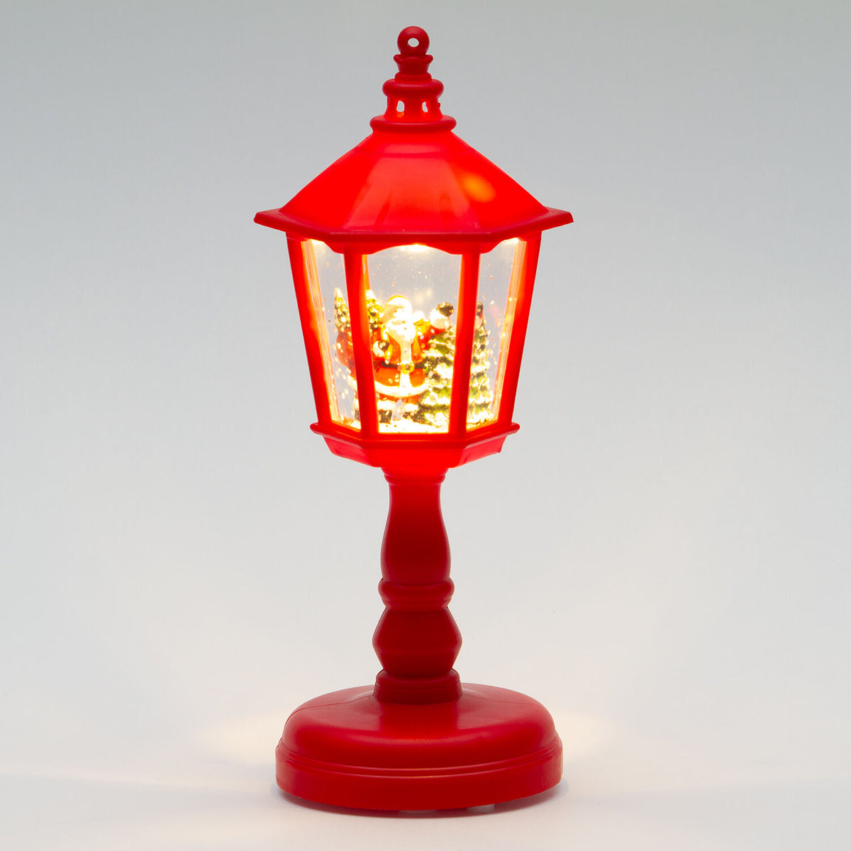 Lampione rosso con glitter 9x8xh21cm con led bianco caldo musica natalizia e movimento