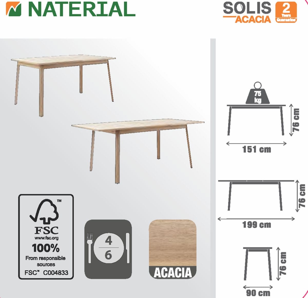 SOLIS NAZERIAL - Extendable table - 4-6 seats rectangular wood acacia - 90x151-199xh75