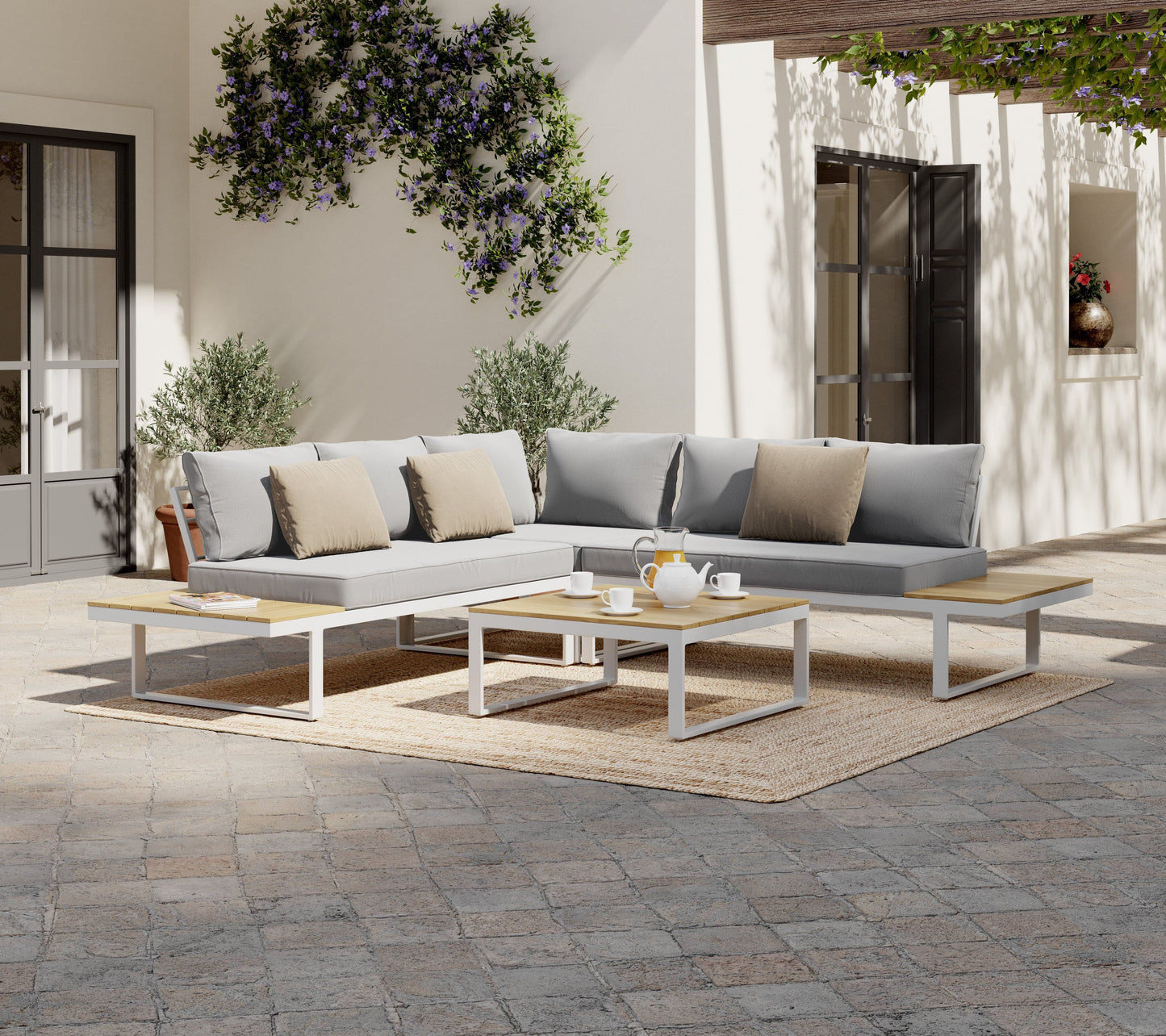 Bricocenter CAPRI 5-SEATER CORNER SET WITH WOOD EFFECT COFFEE TABLE AND WHITE