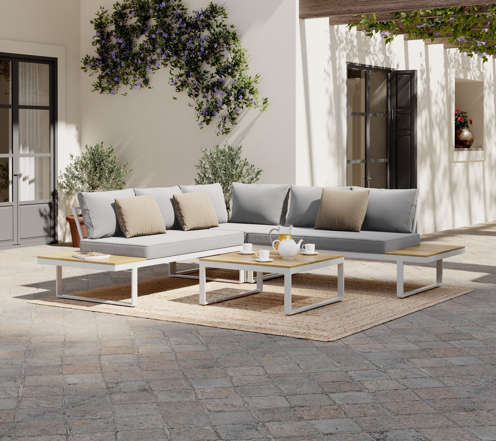 Bricocenter CAPRI 5-SEATER CORNER SET WITH WOOD EFFECT COFFEE TABLE AND WHITE