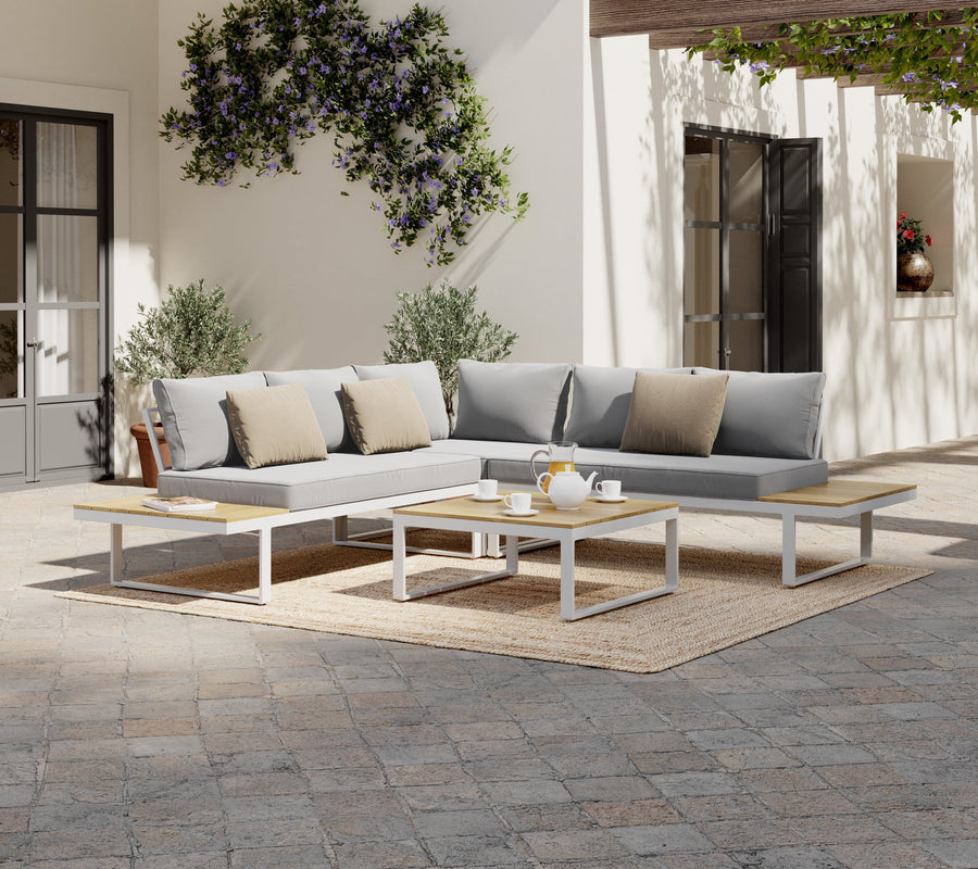 Bricocenter CAPRI 5-SEATER CORNER SET WITH WOOD EFFECT COFFEE TABLE AND WHITE