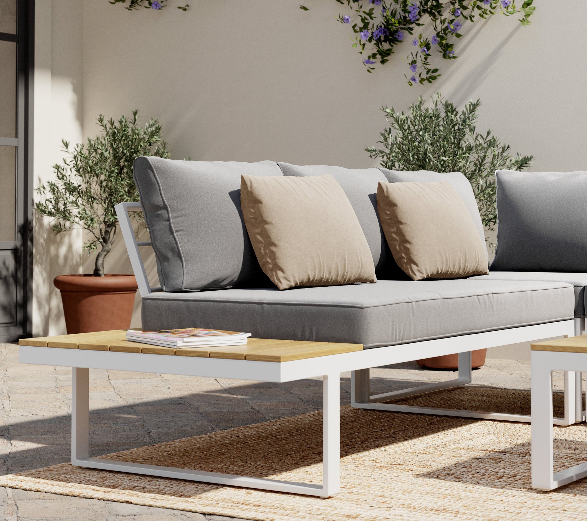 Bricocenter CAPRI 5-SEATER CORNER SET WITH WOOD EFFECT COFFEE TABLE AND WHITE