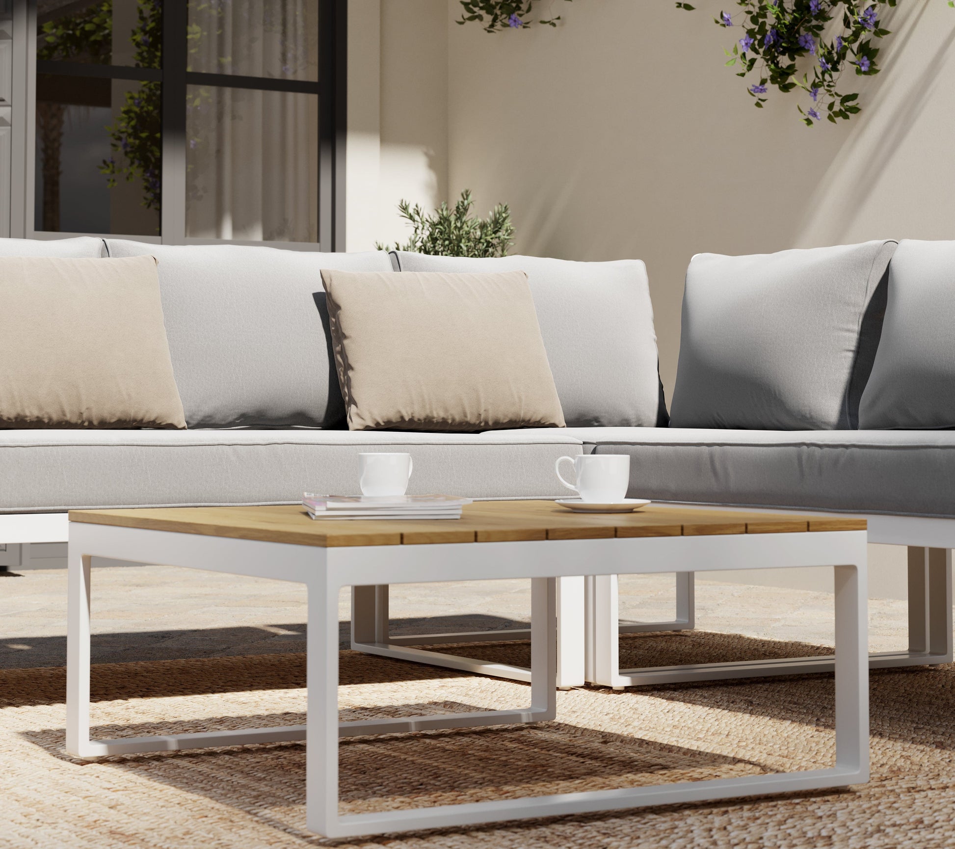 Bricocenter CAPRI 5-SEATER CORNER SET WITH WOOD EFFECT COFFEE TABLE AND WHITE