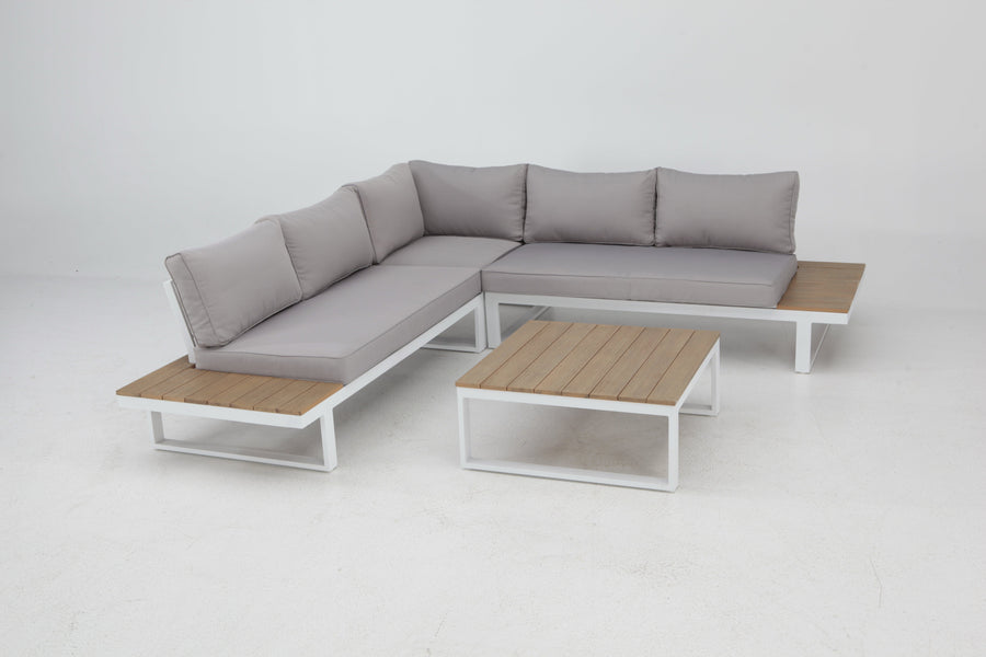 Bricocenter CAPRI 5-SEATER CORNER SET WITH WOOD EFFECT COFFEE TABLE AND WHITE