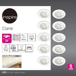 10 RECESSED SPOTLIGHTS CLANE ALUMINIUM WHITE D7.5 LED GU10 = 6W ADJUSTABLE NATURAL LIGHT