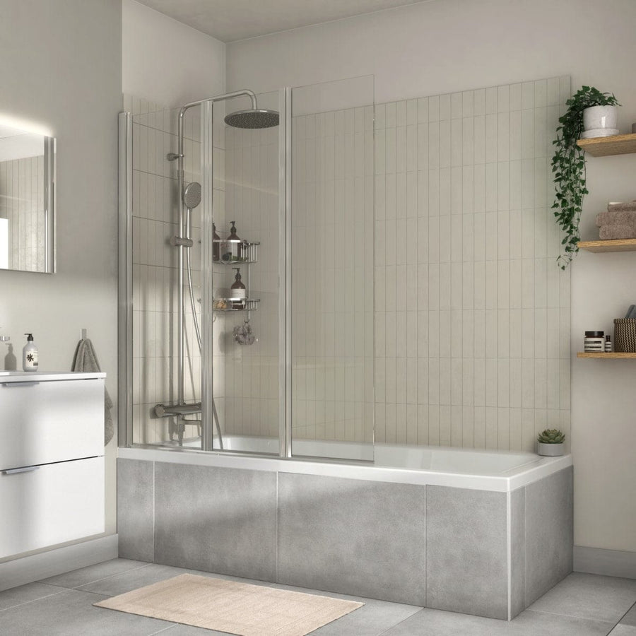 Bricocenter 3-SIDED FOLDING BATHTUB WALL 140X120CM CRYSTAL CLEAR 5MM CHROME PROFILES ESSENTIAL