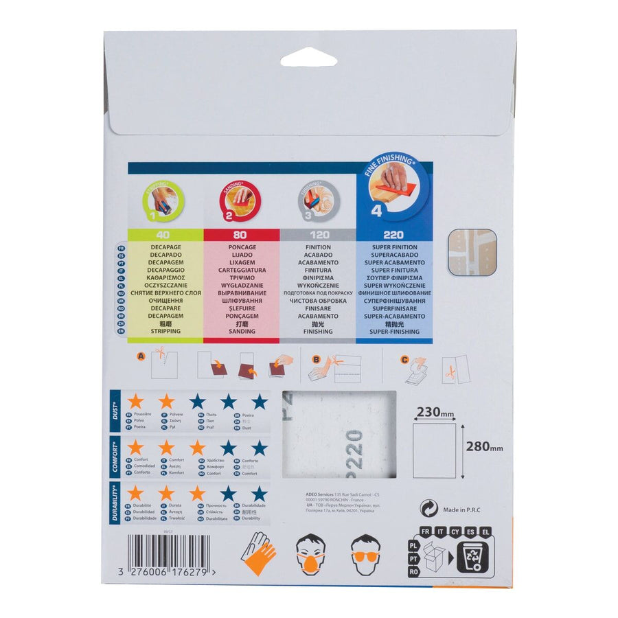Foglio abrasivo dexter per muro grna 220 230x280mm, 5 pezzi