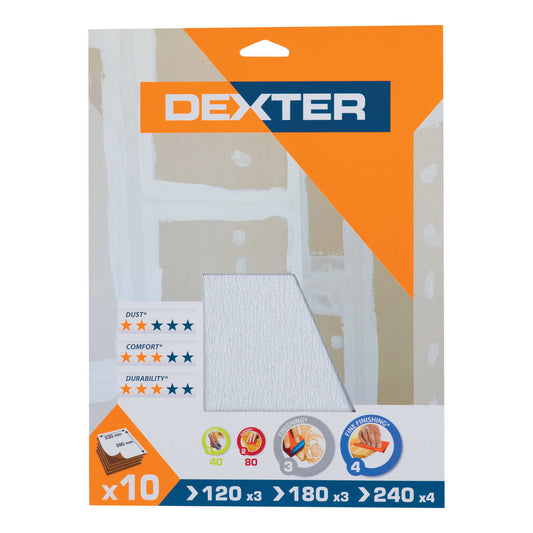 Dexter sanding sheets for walls, grit sizes 120, 180 and 240, 10 pieces