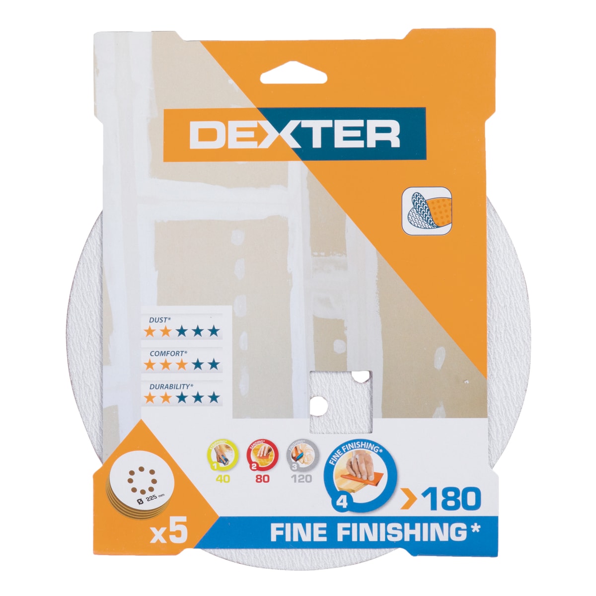 DEXTER RANDOM ORBITAL SANDER ABRASIVE FOR WALL 225 MM, DRILLED, GRIT 180, 5 PIECES