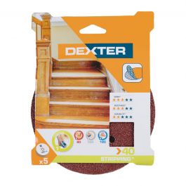 DEXTER RANDOM ORBITAL SANDER ABRASIVE, FOR WOOD 150 MM, DRILLED, GRIT 40, 5 PIECES