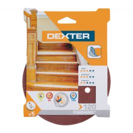 DEXTER RANDOM ORBITAL SANDER ABRASIVE, FOR WOOD 150 MM, DRILLED, GRIT 120, 5 PIECES