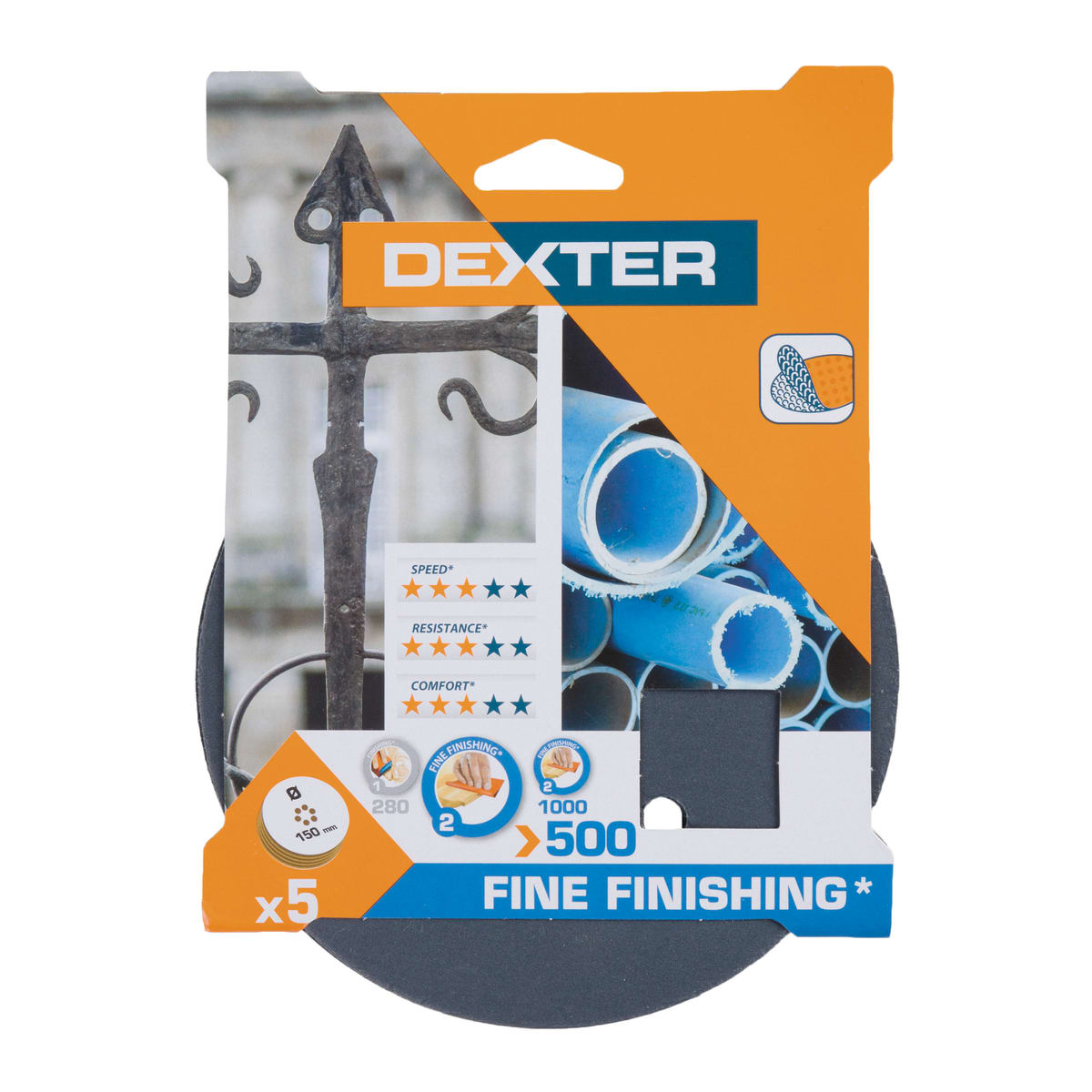 DEXTER RANDOM ORBITAL SANDER ABRASIVE,FOR METAL/PLASTIC 150 MM,DRILLED,GRIT 500,5 PIECES