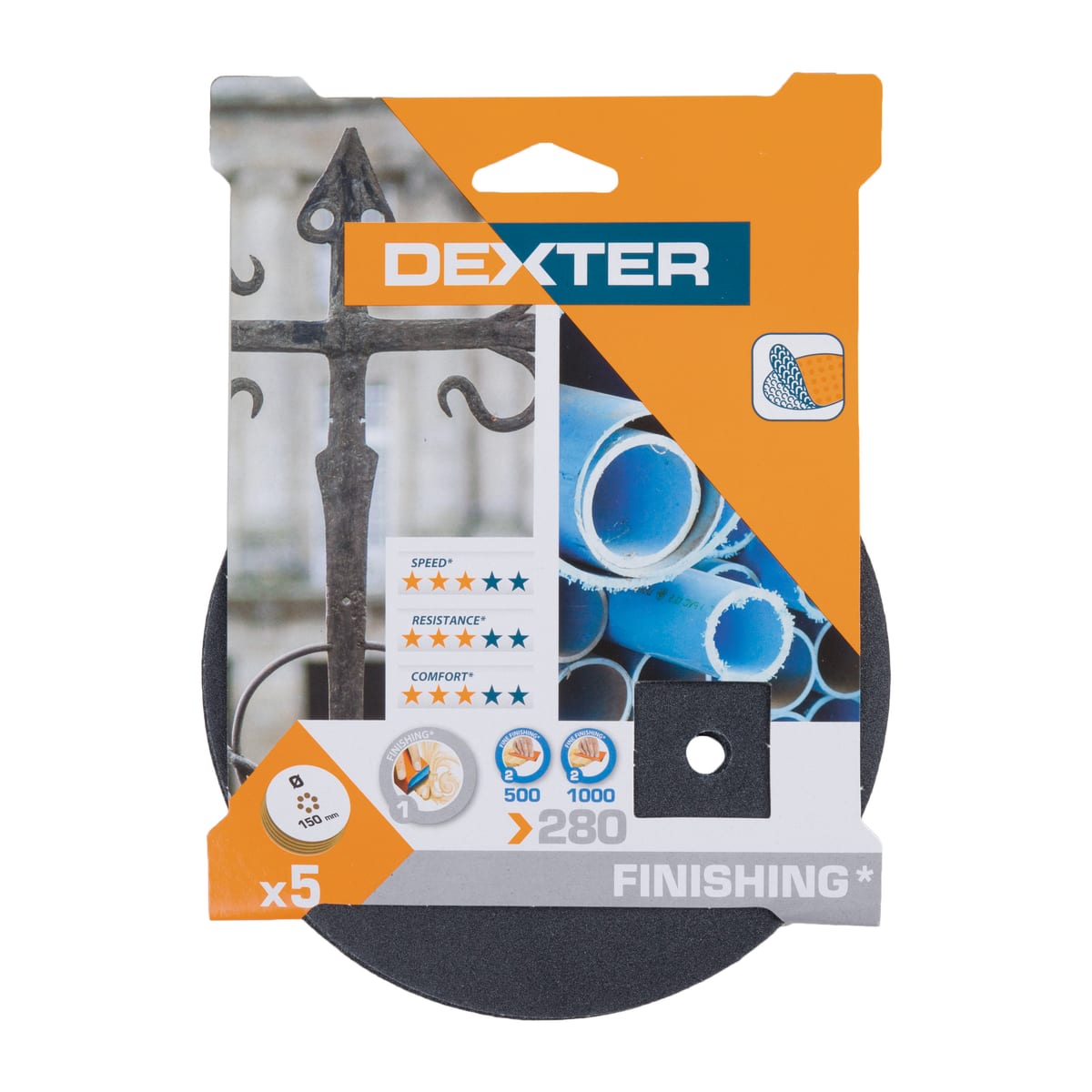 DEXTER RANDOM ORBITAL SANDER ABRASIVE, FOR METAL/PLASTIC 150 MM, DRILLED, GRIT 280, 5 PIECES