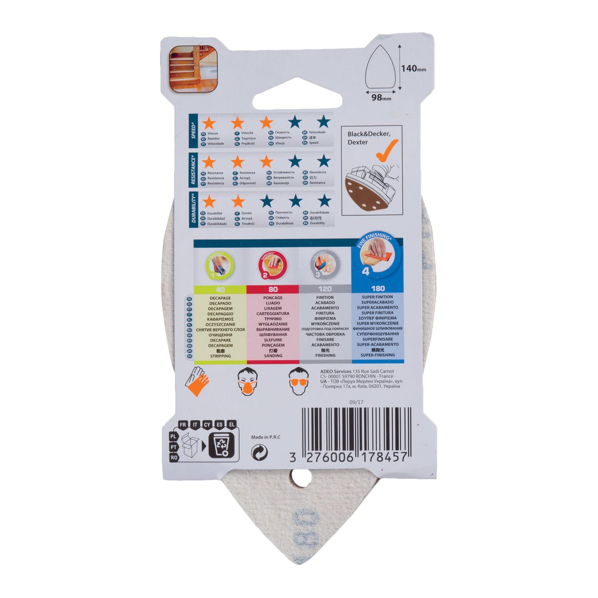 DEXTER MOUSE SANDER ABRASIVE FOR WOOD 140X98MM, DRILLED, GRIT 180, 5 PIECES