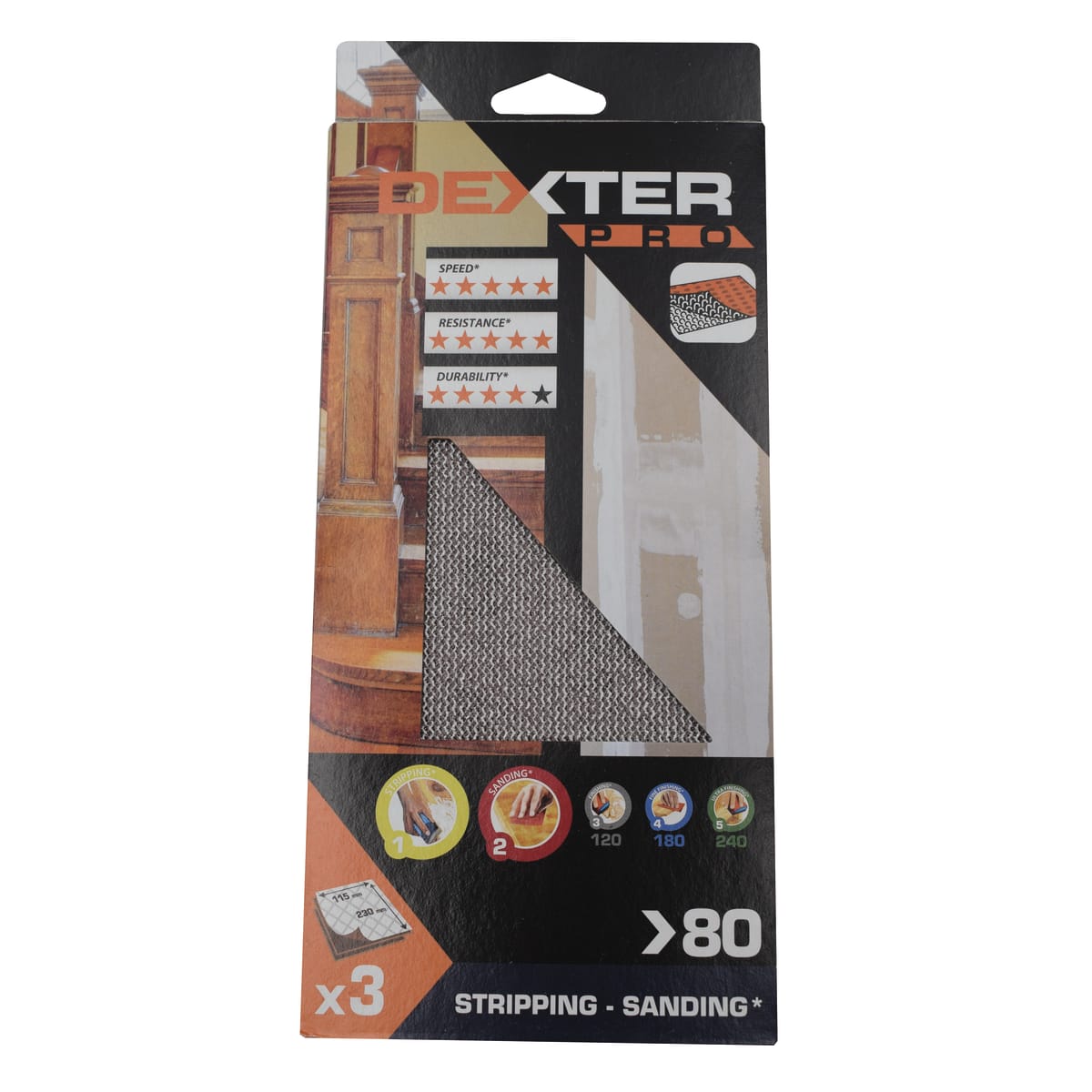 Bricocenter SANDING NET FOR DEXTER PRO ORBITAL SANDER, FOR WOOD, 115X230MM GRIT 80, 3 PIECES